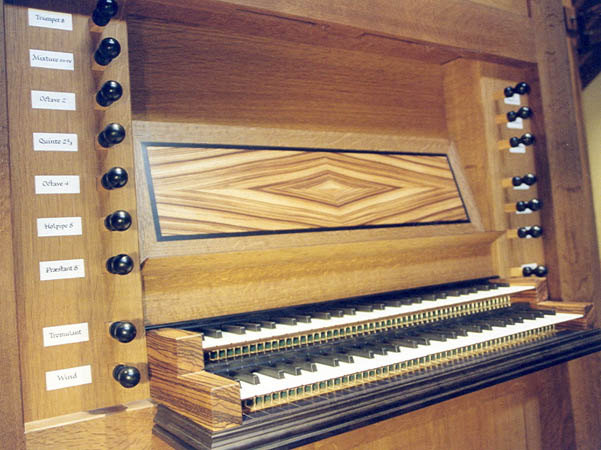 image: Organ's music rack and keyboard. Photo by Bob Sogge