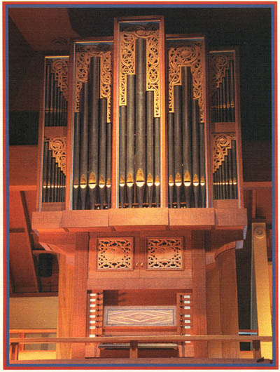 Image: Brombaugh Organ, front view, showing 5 sets of pipes, brustwerk, and case. Photo: Bob Sogge