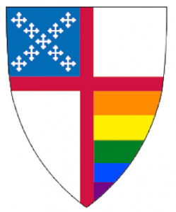 Multicolored icon in the shape of the Episcopal logo with a blue St Andrew's cross at the top left and the LGBTQ rainbow at the bottom right of the shield.